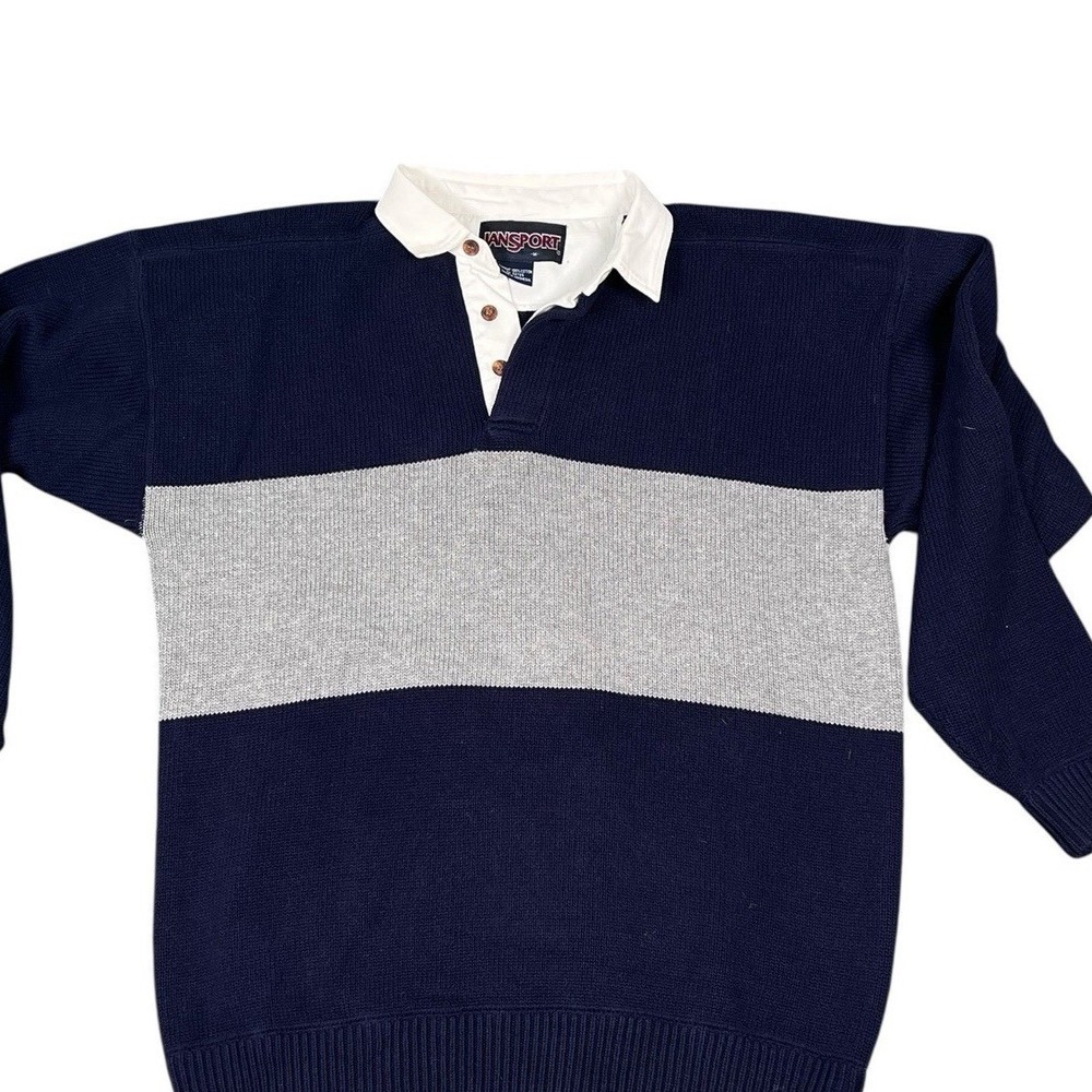 VTG 90s Jansport Colorblock Rugby Polo Sweater Size Medium Blue Gray - Picture 3 of 5